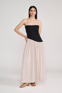 Black Tube Maxi Dress With Diagonal Cut Beige Skirt