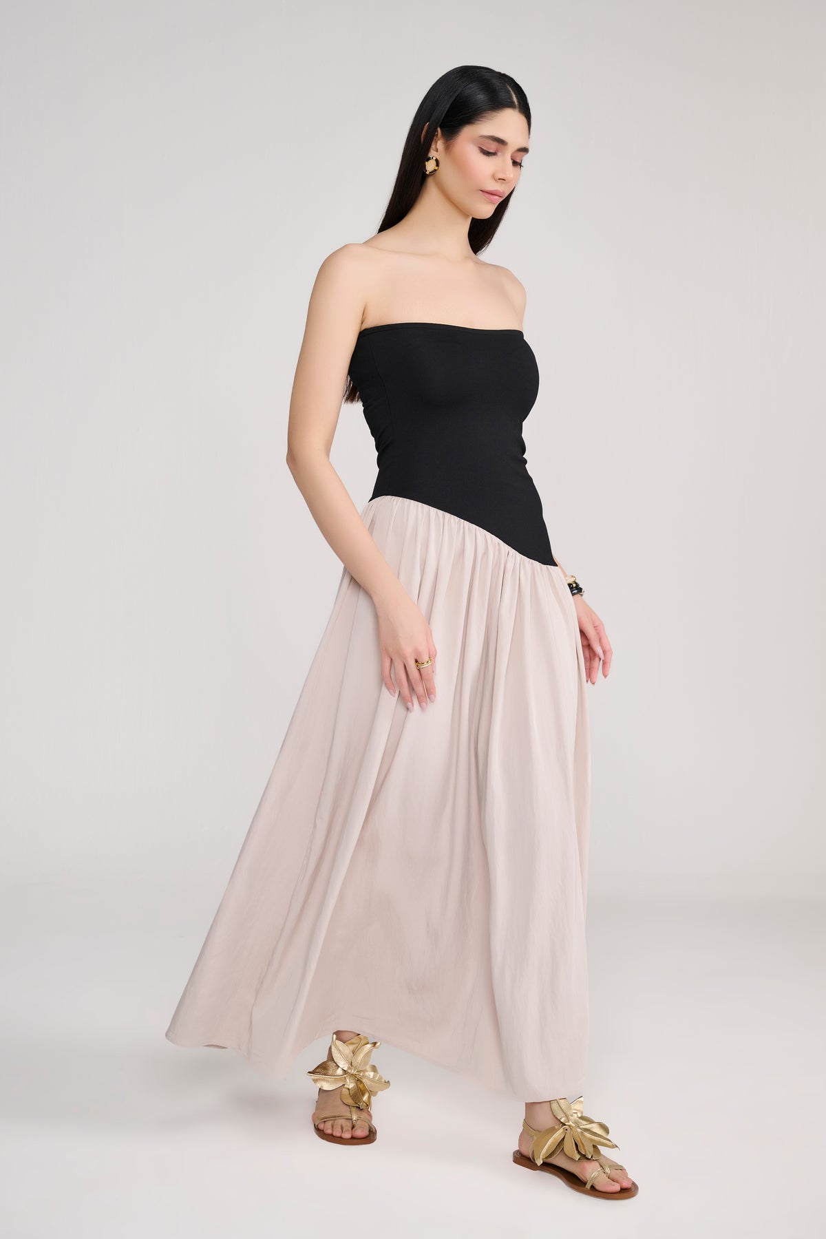 Black Tube Maxi Dress With Diagonal Cut Beige Skirt