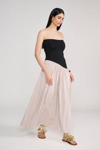 Black Tube Maxi Dress With Diagonal Cut Beige Skirt