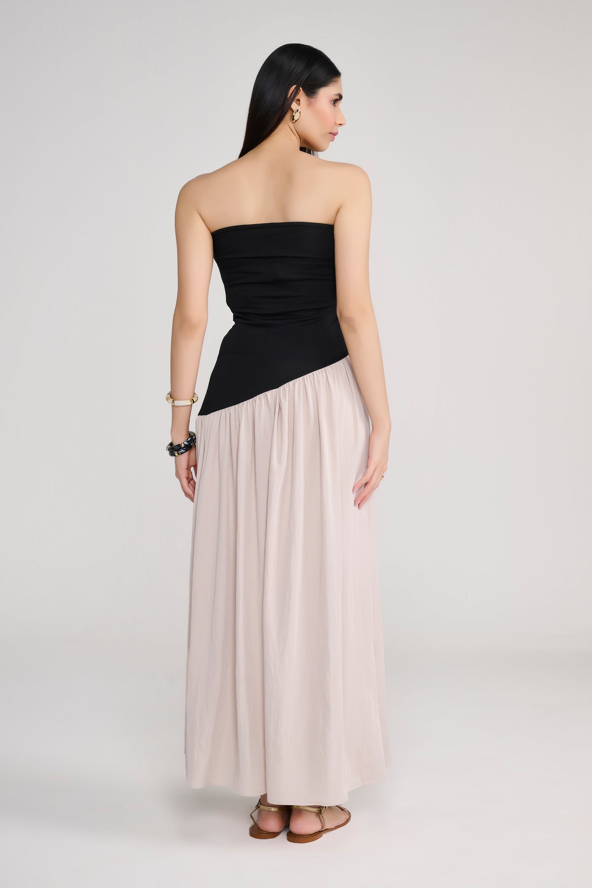 Black Tube Maxi Dress With Diagonal Cut Beige Skirt