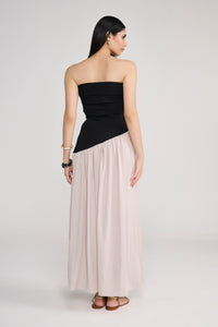 Black Tube Maxi Dress With Diagonal Cut Beige Skirt