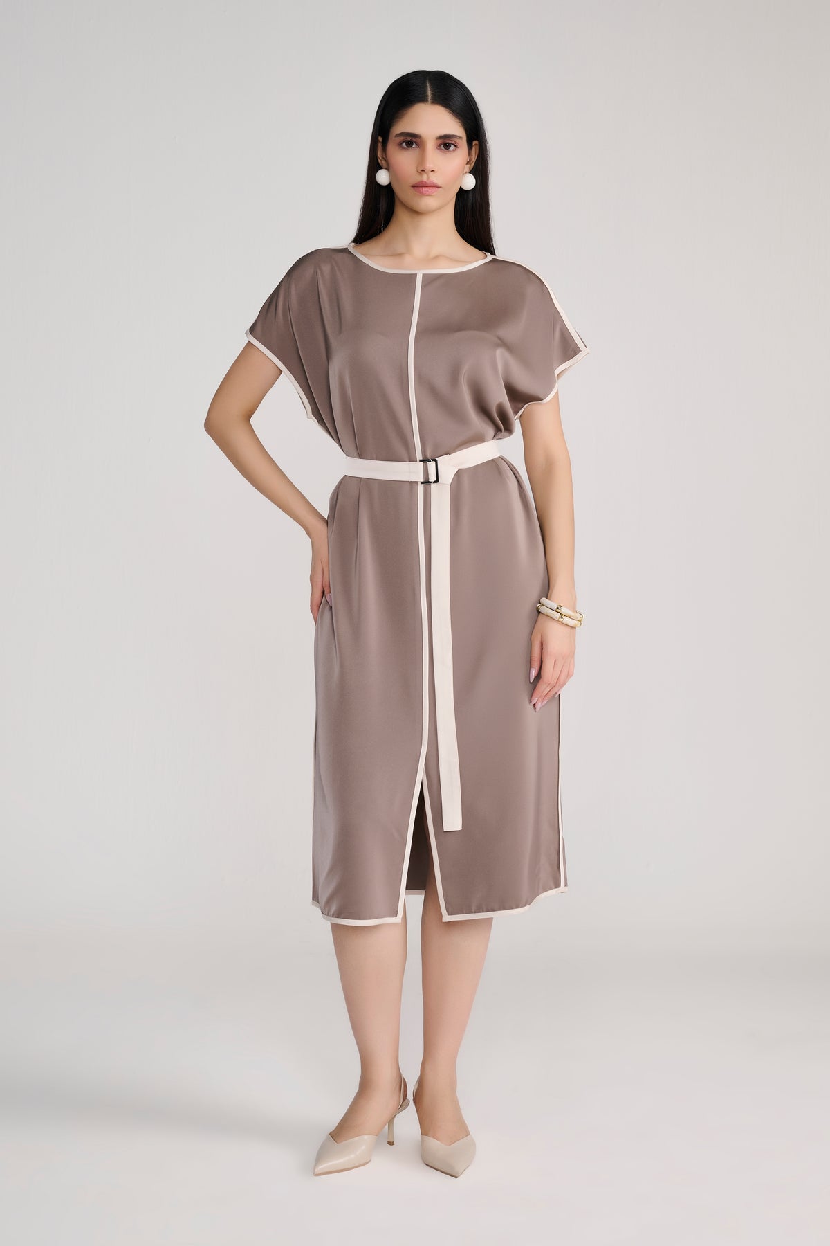 Taupe Satin Midi Dress With Ivory Piping Detail and Belt