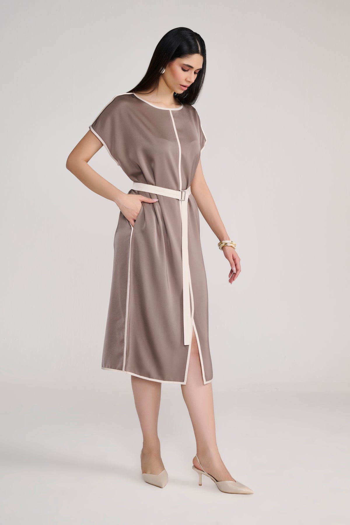 Taupe Satin Midi Dress With Ivory Piping Detail and Belt