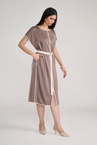 Taupe Satin Midi Dress With Ivory Piping Detail and Belt