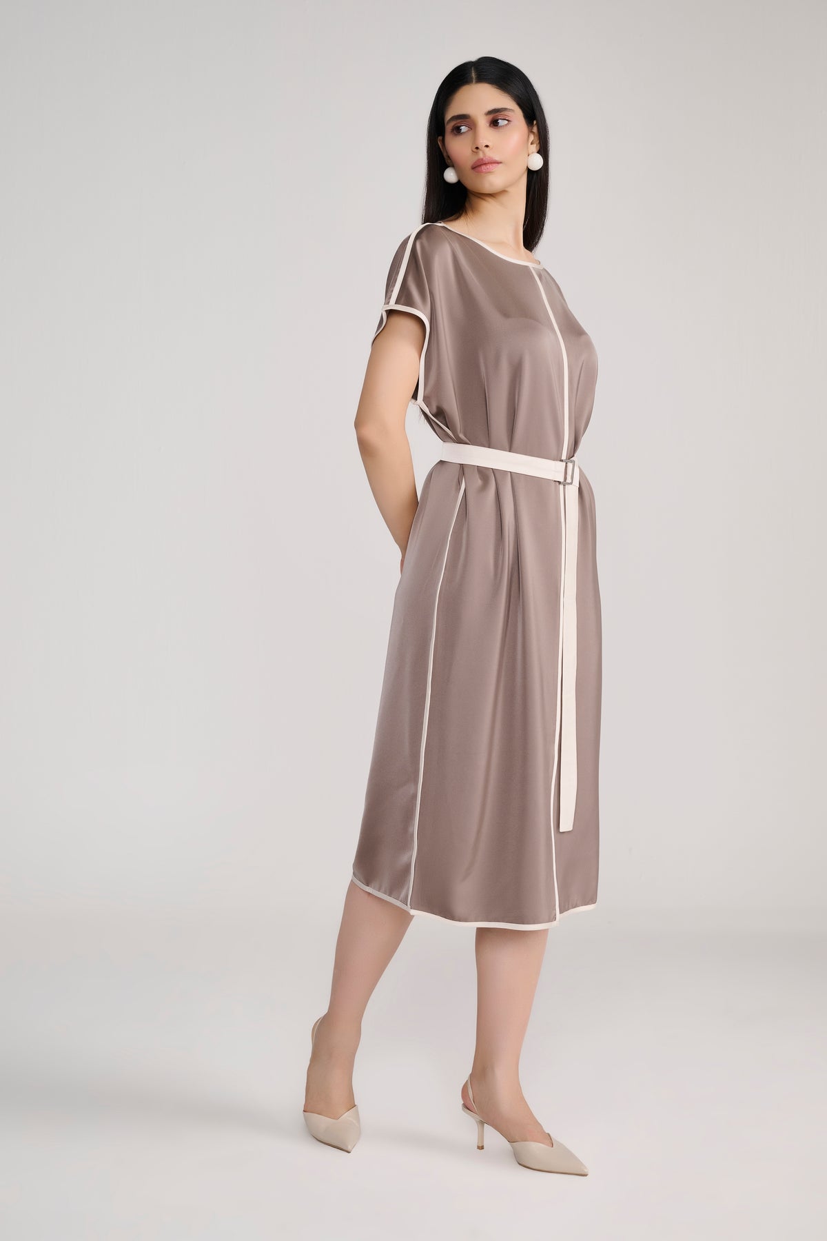 Taupe Satin Midi Dress With Ivory Piping Detail and Belt