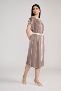 Taupe Satin Midi Dress With Ivory Piping Detail and Belt