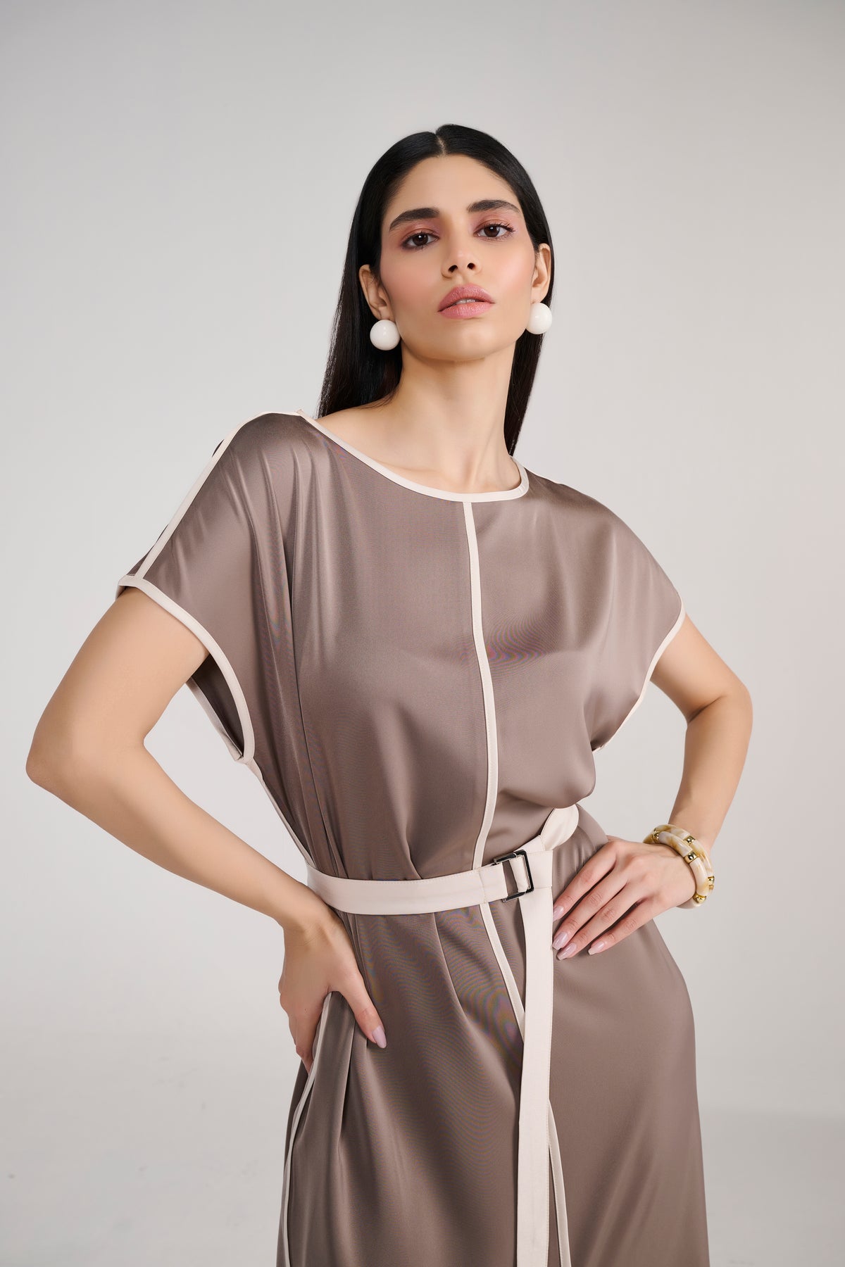 Taupe Satin Midi Dress With Ivory Piping Detail and Belt