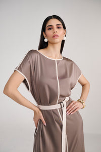 Taupe Satin Midi Dress With Ivory Piping Detail and Belt