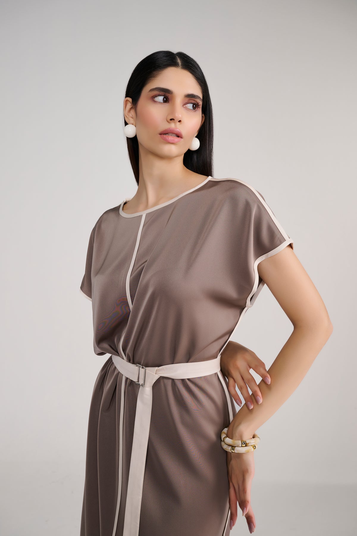Taupe Satin Midi Dress With Ivory Piping Detail and Belt