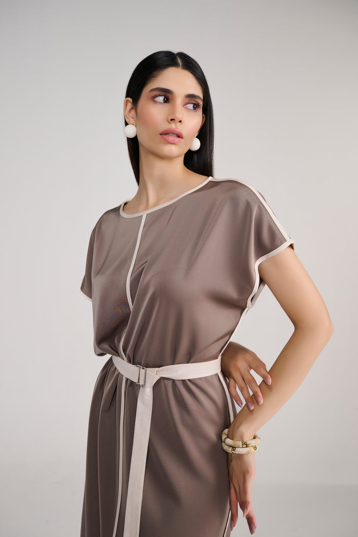 Taupe Satin Midi Dress With Ivory Piping Detail and Belt