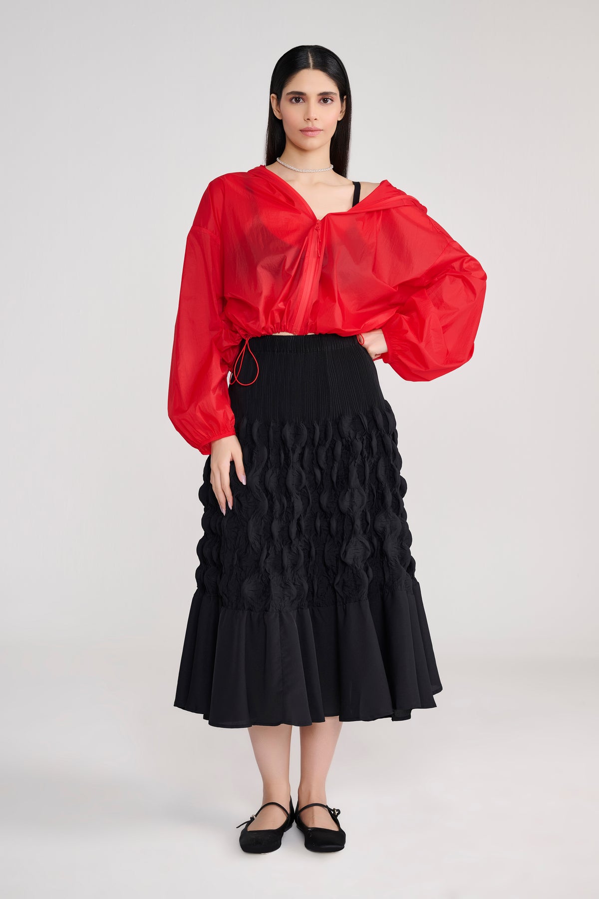Heat-Pleated Bubbled Black Midi Skirt