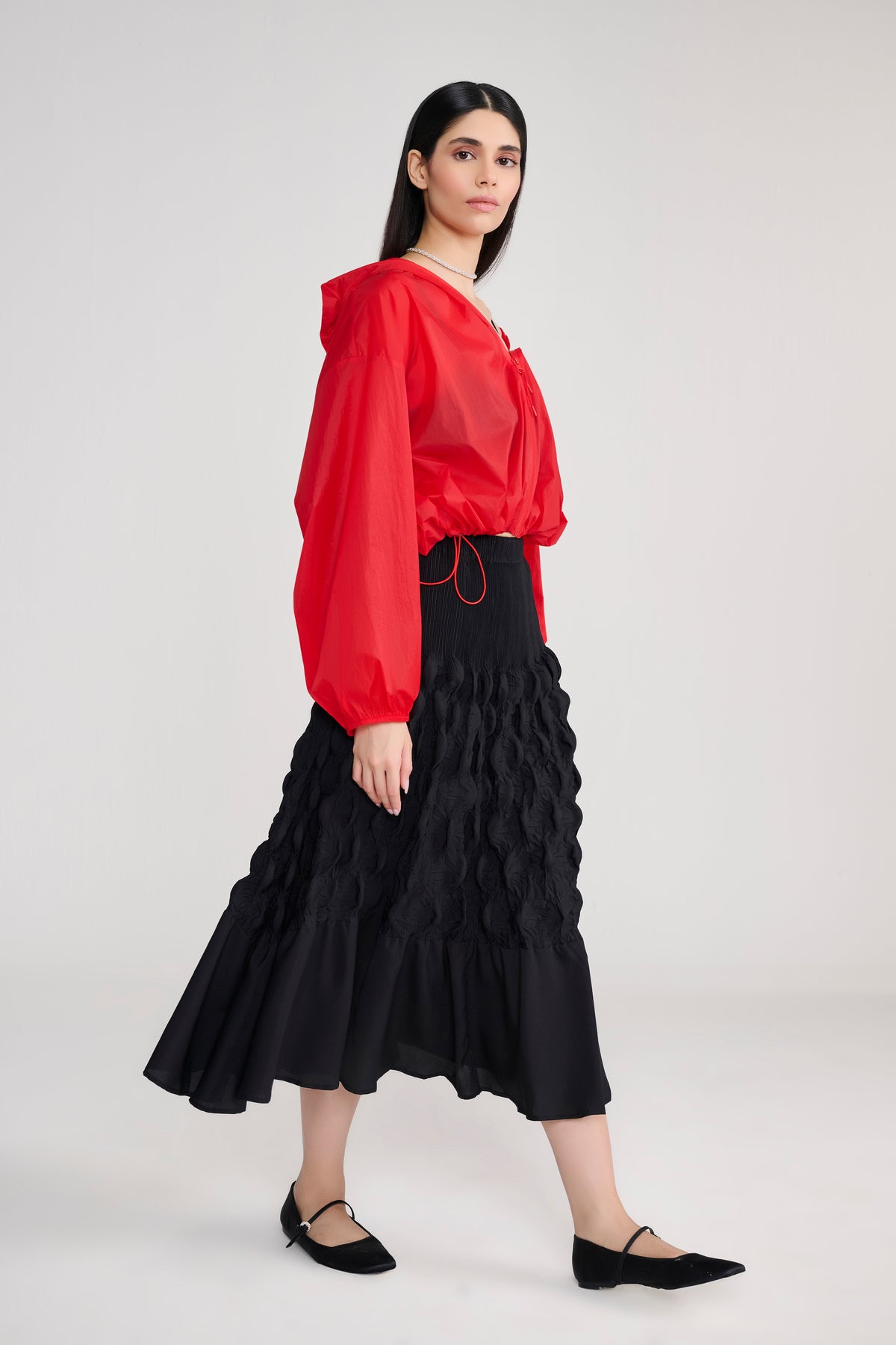Heat-Pleated Bubbled Black Midi Skirt