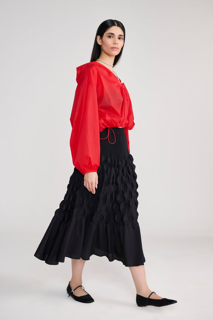 Heat-Pleated Bubbled Black Midi Skirt