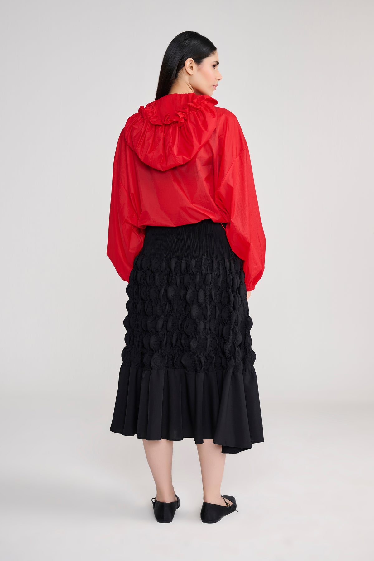 Heat-Pleated Bubbled Black Midi Skirt