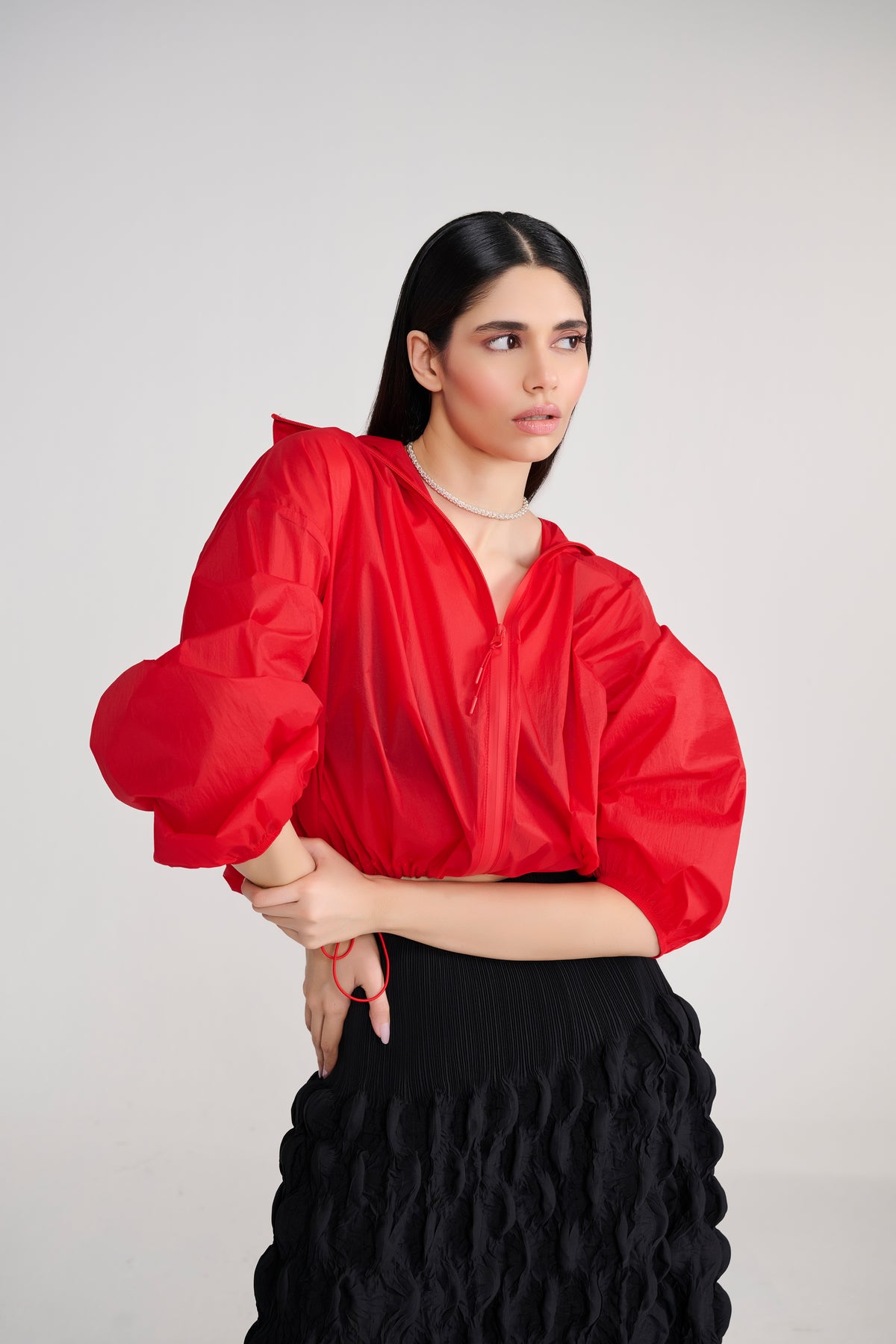 Heat-Pleated Bubbled Black Midi Skirt