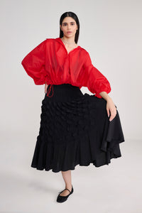 Heat-Pleated Bubbled Black Midi Skirt