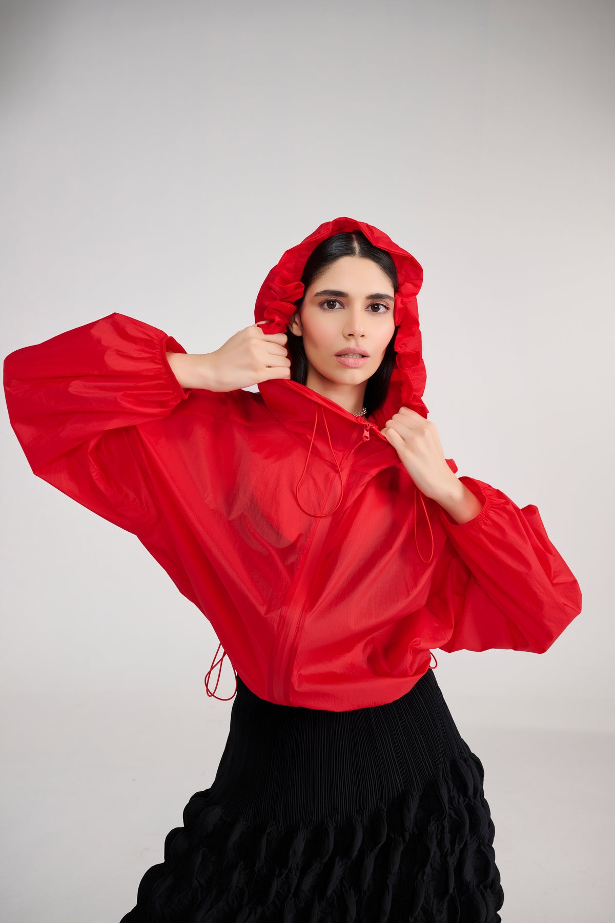 Red Hoodie Wind Cheater Jacket With Drawstring