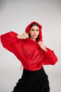 Red Hoodie Wind Cheater Jacket With Drawstring