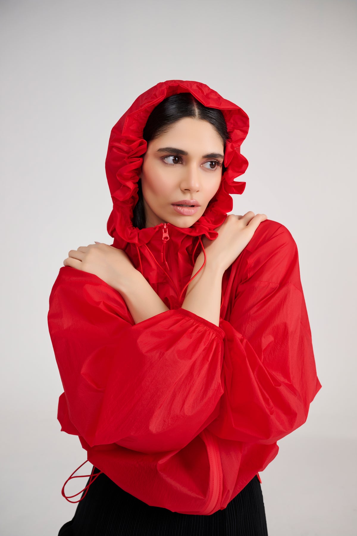 Red Hoodie Wind Cheater Jacket With Drawstring