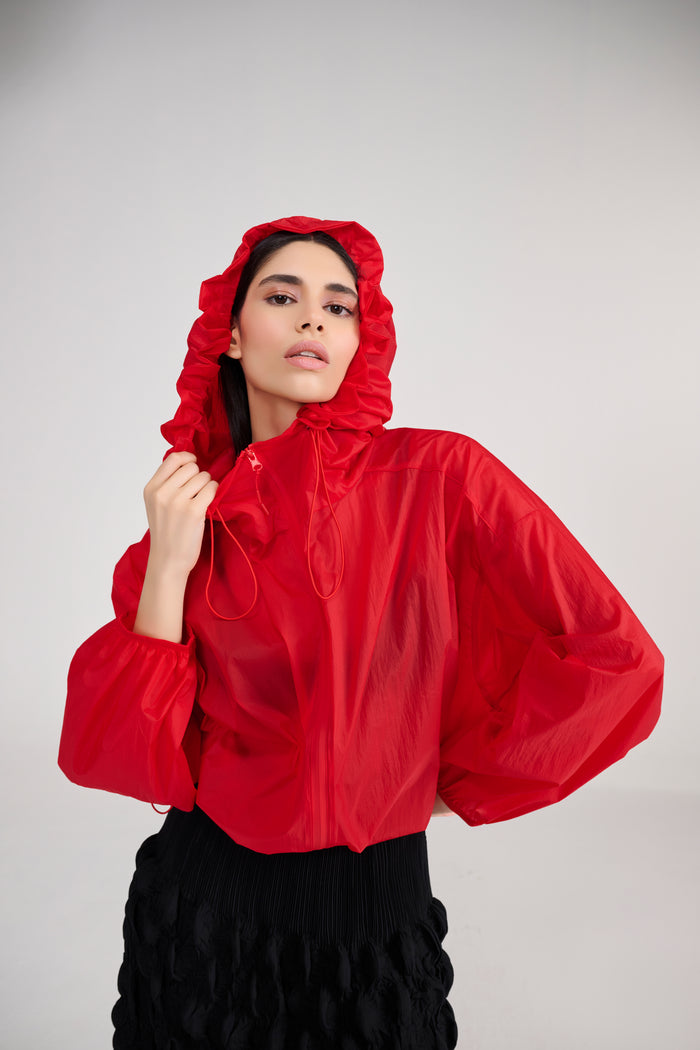 Red Hoodie Wind Cheater Jacket With Drawstring