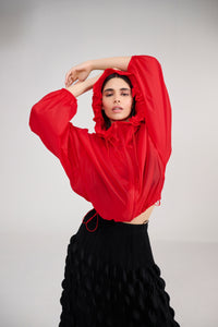 Red Hoodie Wind Cheater Jacket With Drawstring