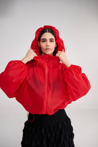 Red Hoodie Wind Cheater Jacket With Drawstring