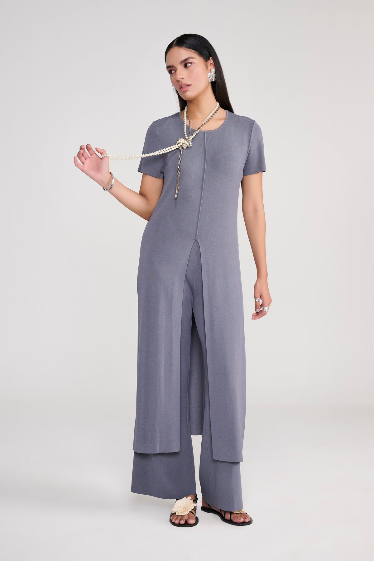 Grey Knit Coord Set With Slit Details
