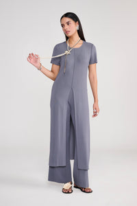 Grey Knit Coord Set With Slit Details