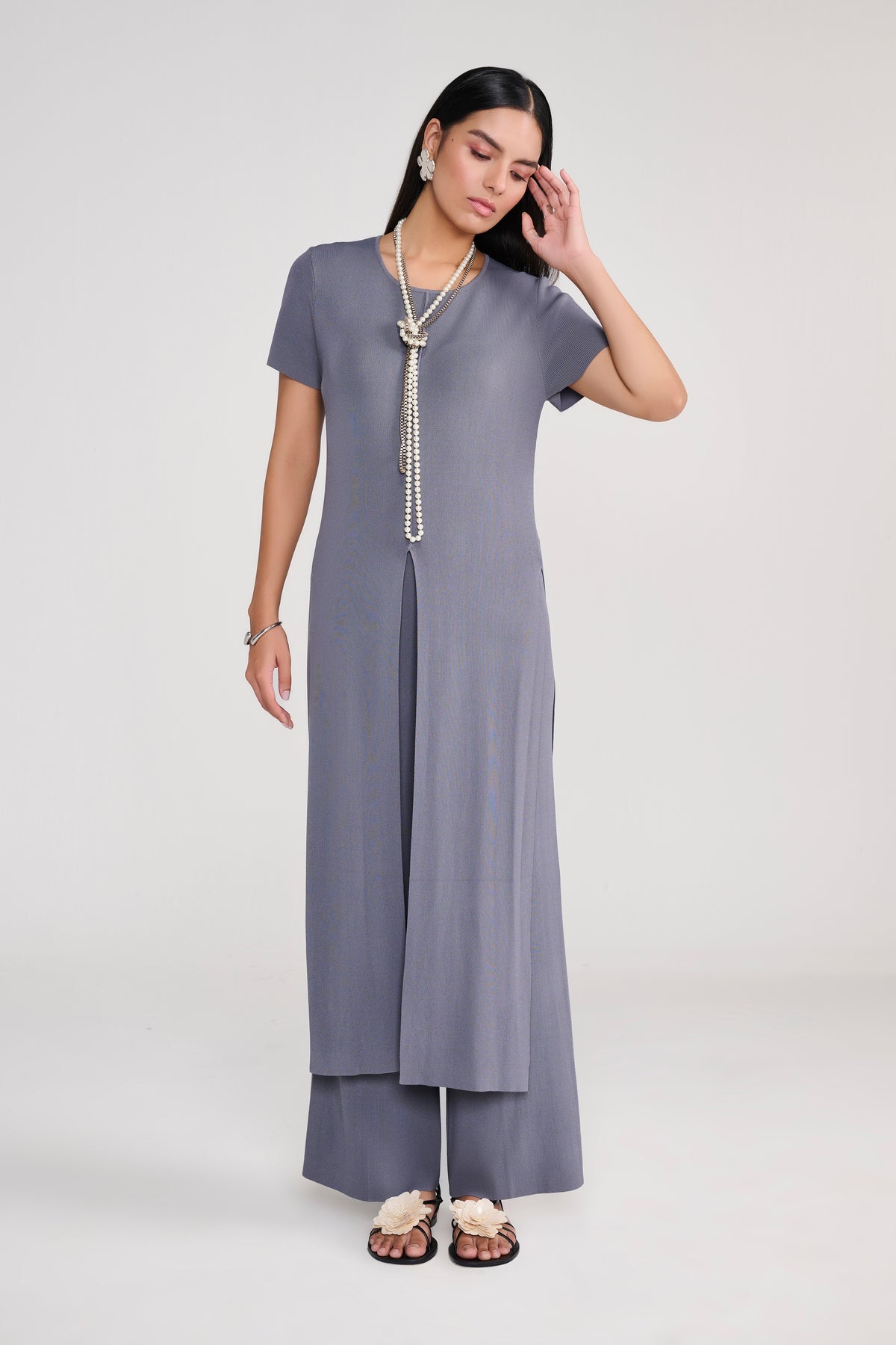 Grey Knit Coord Set With Slit Details