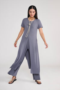 Grey Knit Coord Set With Slit Details