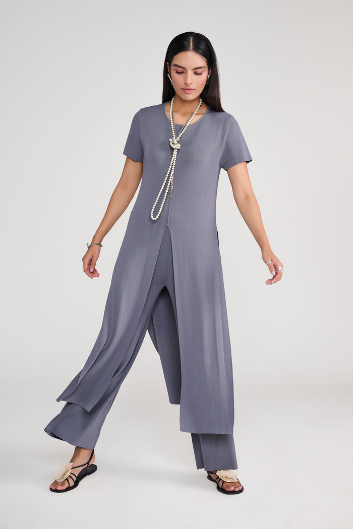 Grey Knit Coord Set With Slit Details