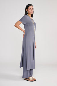 Grey Knit Coord Set With Slit Details