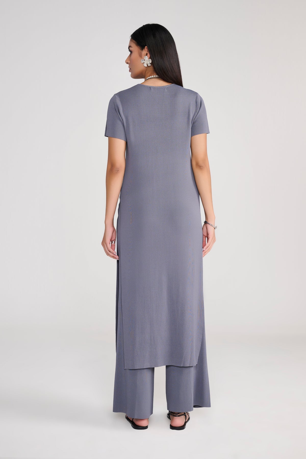 Grey Knit Coord Set With Slit Details