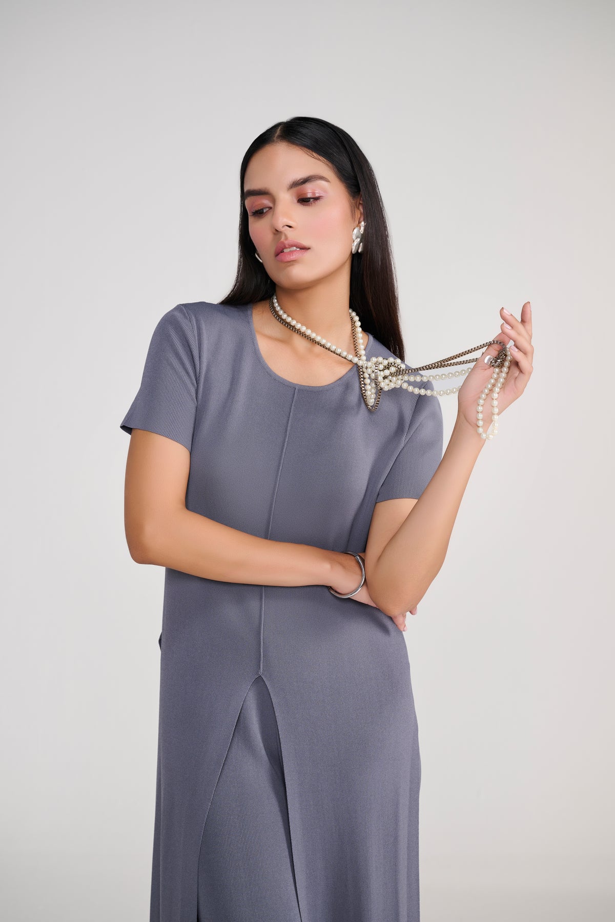 Grey Knit Coord Set With Slit Details