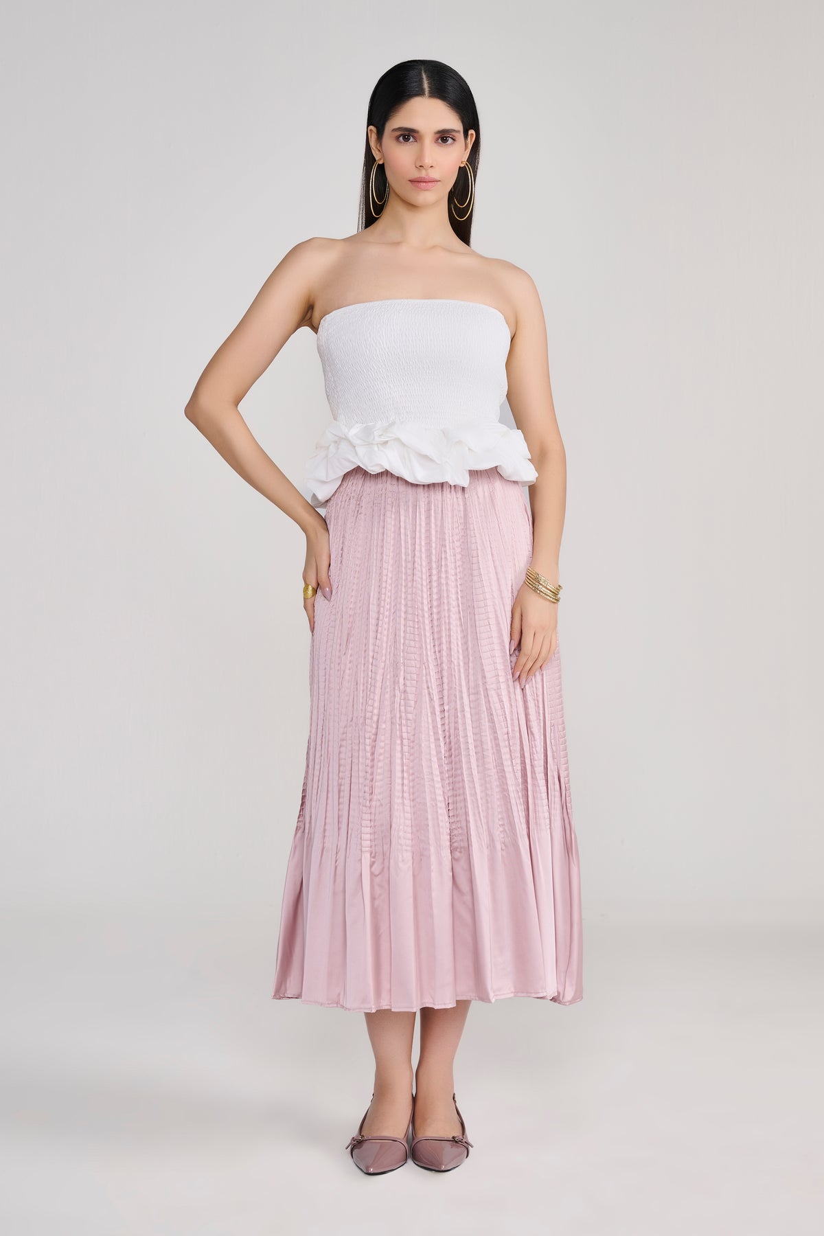 White Smocked Tube Top With Sculpted Ruffle Hem