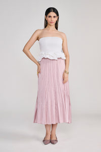 White Smocked Tube Top With Sculpted Ruffle Hem