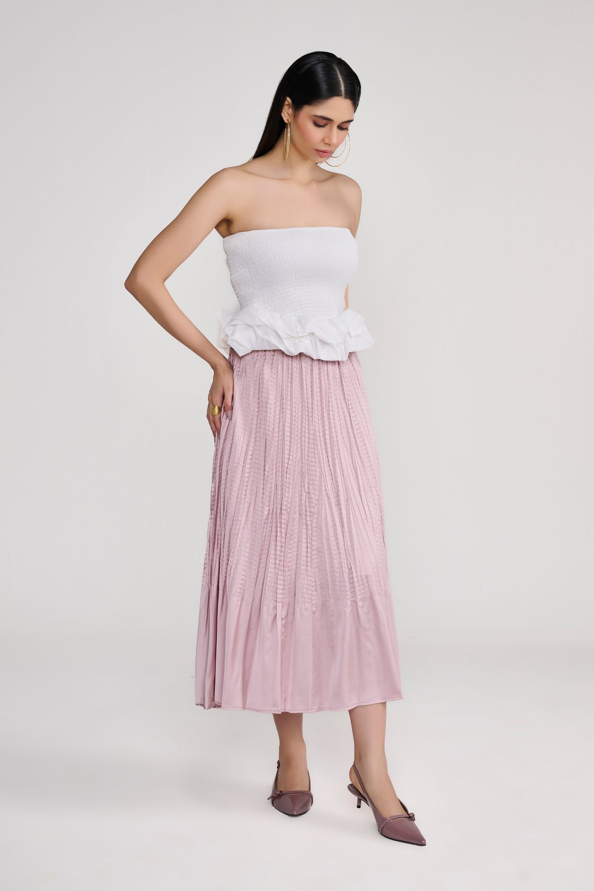 White Smocked Tube Top With Sculpted Ruffle Hem