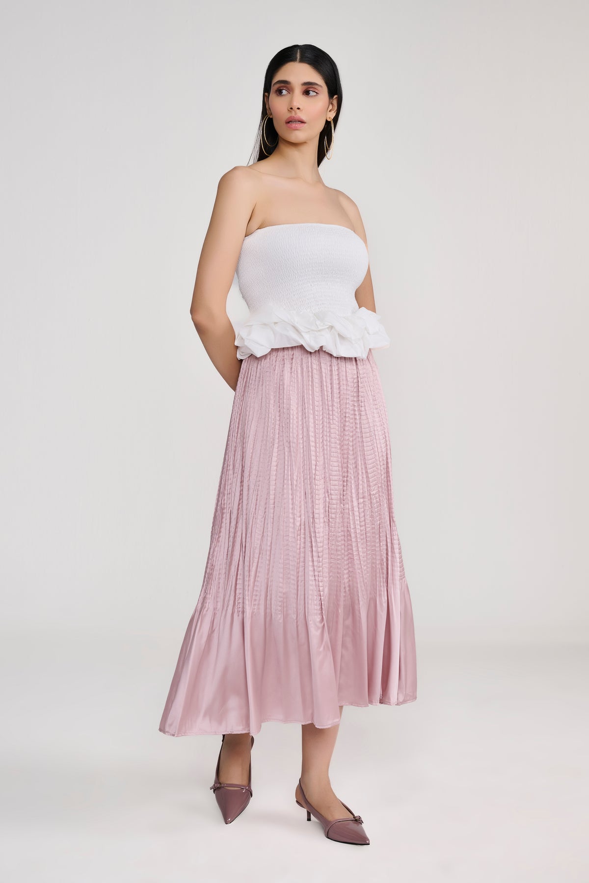White Smocked Tube Top With Sculpted Ruffle Hem