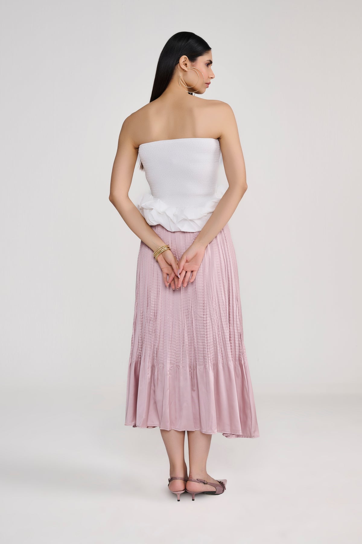 White Smocked Tube Top With Sculpted Ruffle Hem