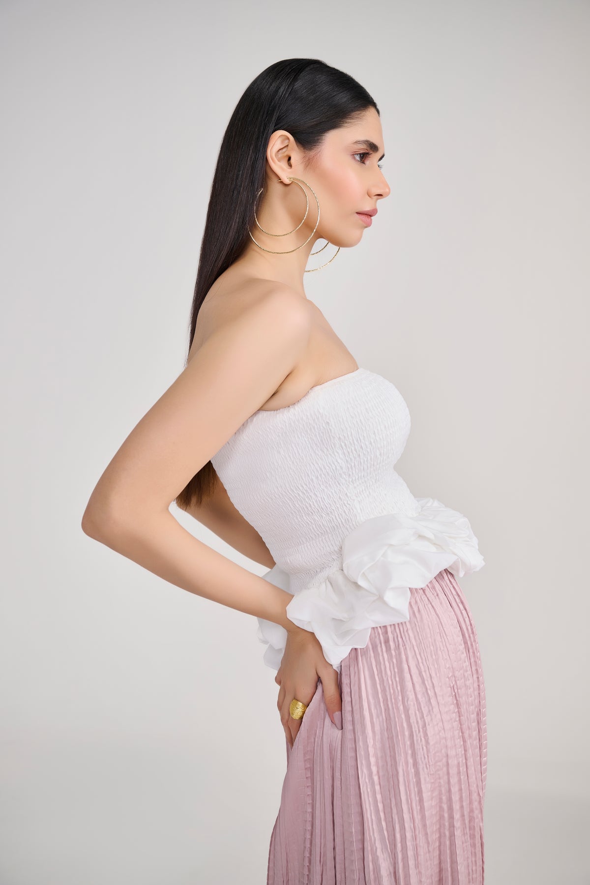 White Smocked Tube Top With Sculpted Ruffle Hem