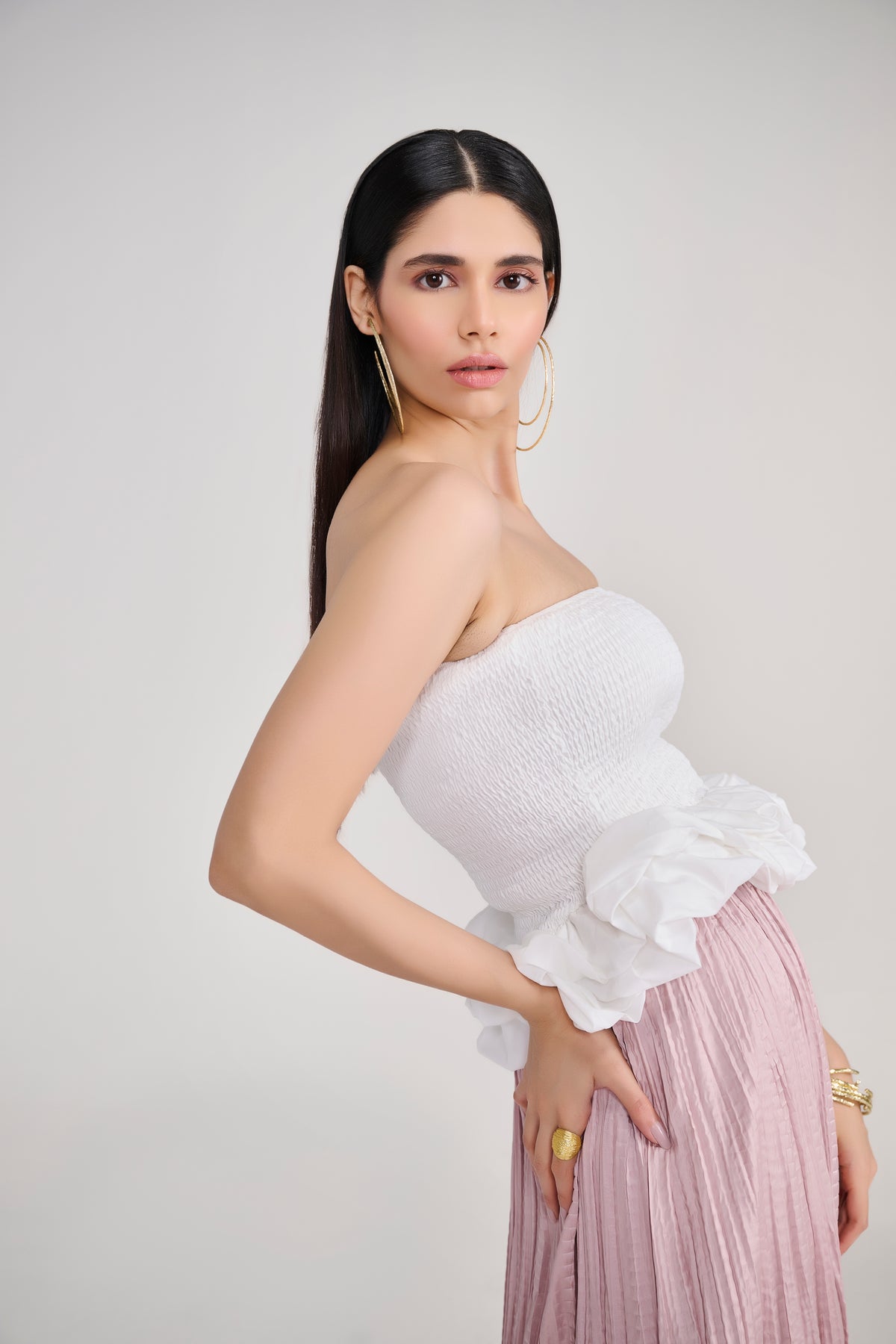 White Smocked Tube Top With Sculpted Ruffle Hem