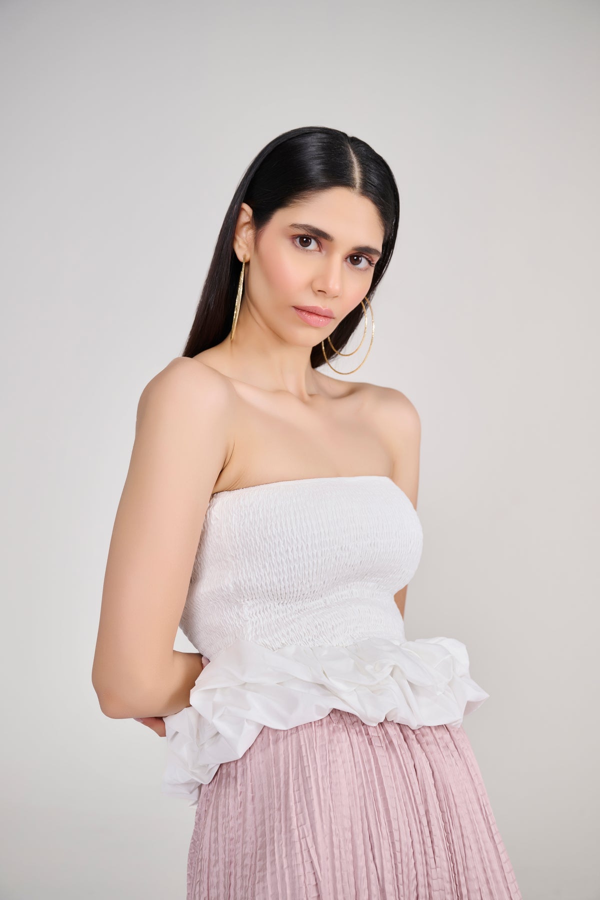 White Smocked Tube Top With Sculpted Ruffle Hem
