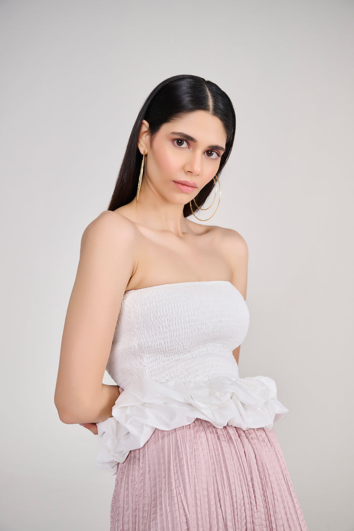 White Smocked Tube Top With Sculpted Ruffle Hem