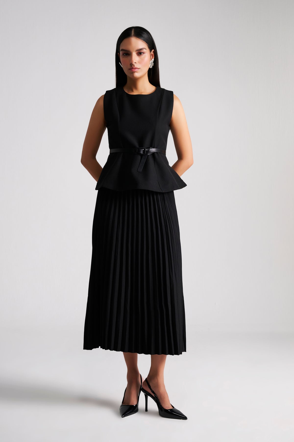 Tailored Black Pleated Long Skirt with Peplum Top & belt