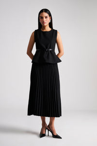 Tailored Black Pleated Long Skirt with Peplum Top & belt