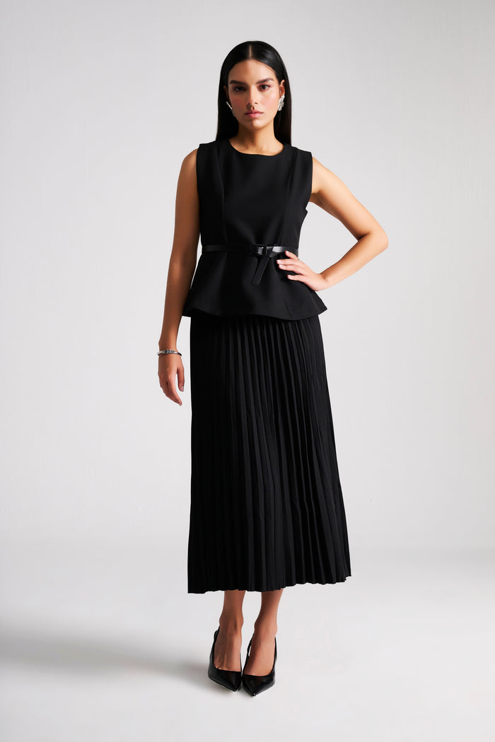 Tailored Black Pleated Long Skirt with Peplum Top & belt