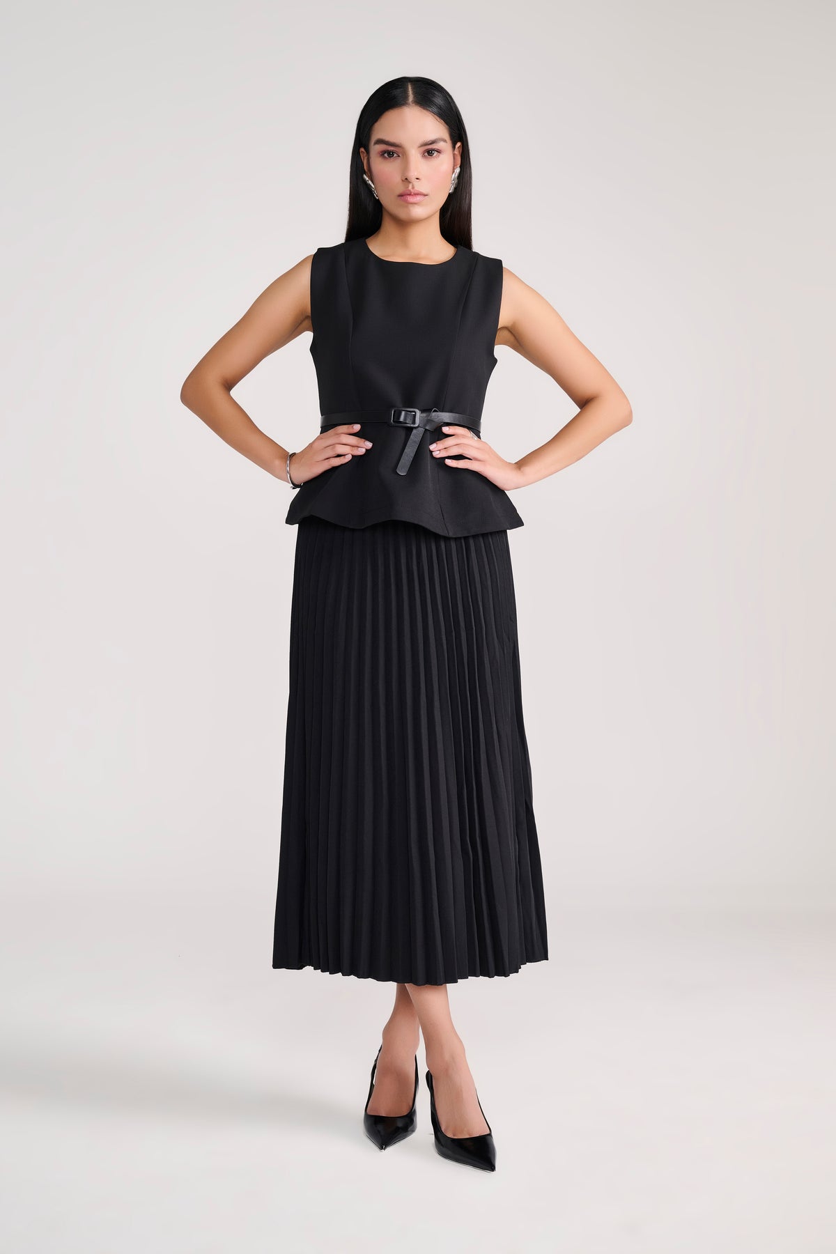 Tailored Black Pleated Long Skirt with Peplum Top & belt