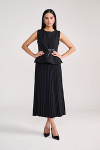Tailored Black Pleated Long Skirt with Peplum Top & belt