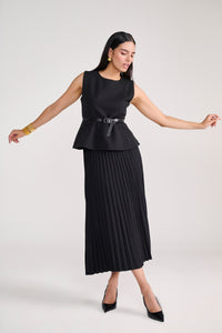 Tailored Black Pleated Long Skirt with Peplum Top & belt