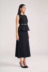 Tailored Black Pleated Long Skirt with Peplum Top & belt